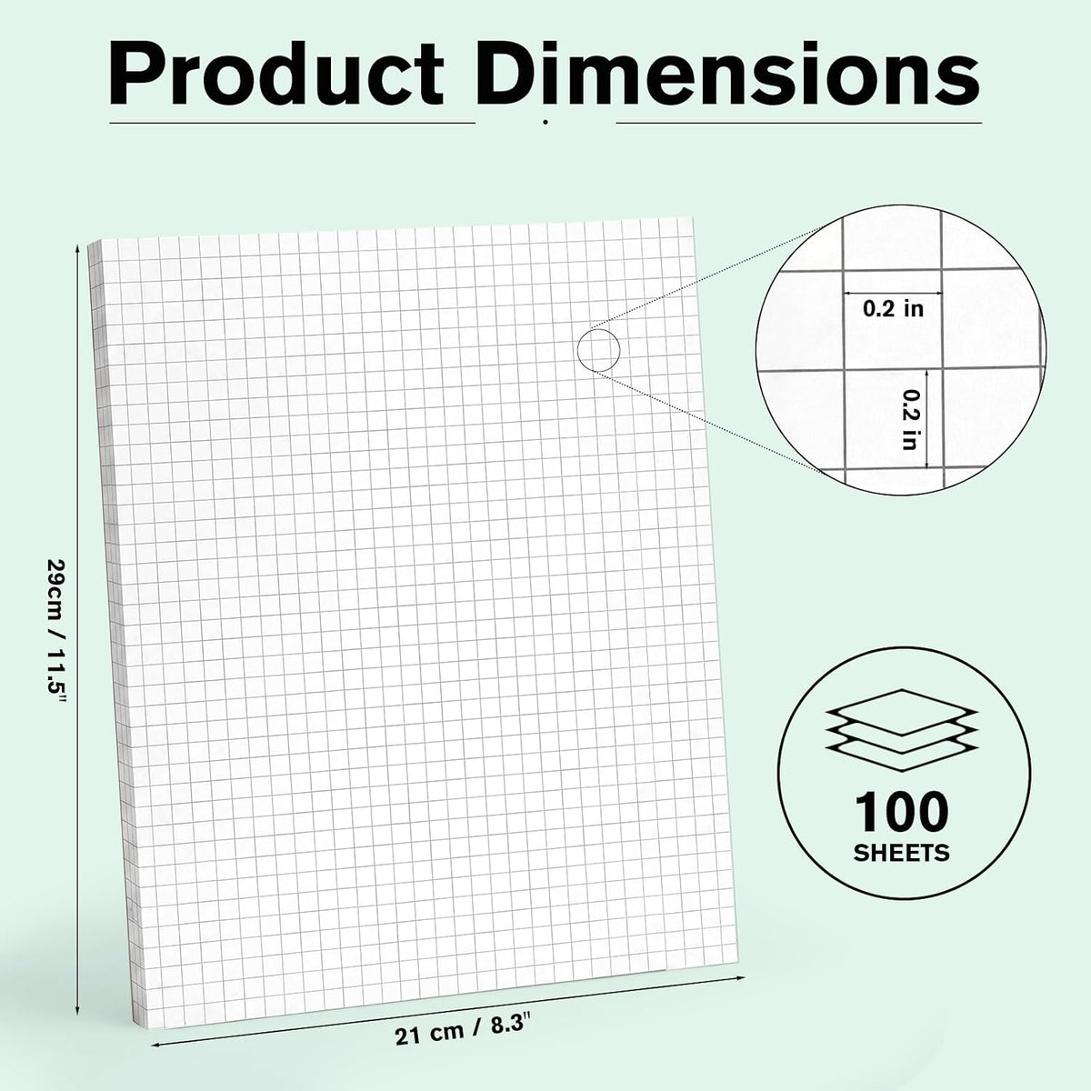 100 Sheet Graph Paper Pad, 8.3" x 11.5" Grid Notepad, 5 x 5 Grid