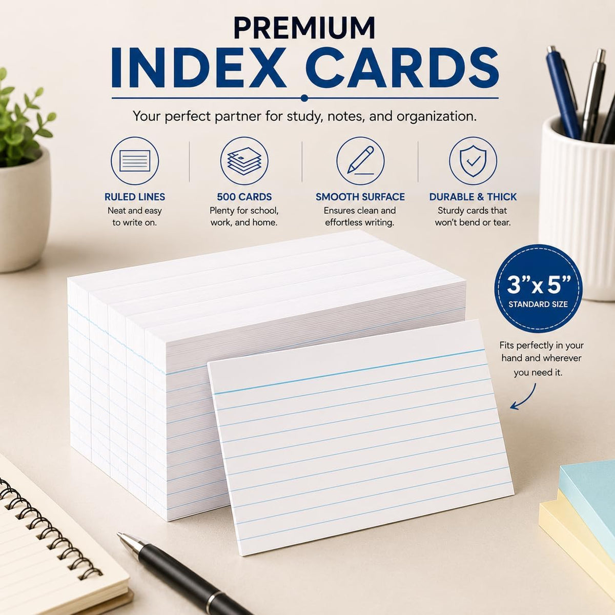 1InTheOffice Index Cards 3x5, Ruled Lined Flashcards Notecards, Study Cards