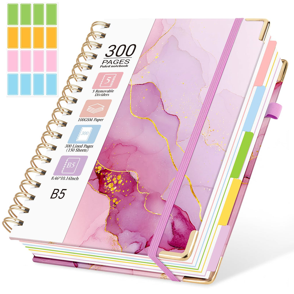 Hardcover Spiral Notebook, 5 Subject Notebook College Ruled 300 Pages