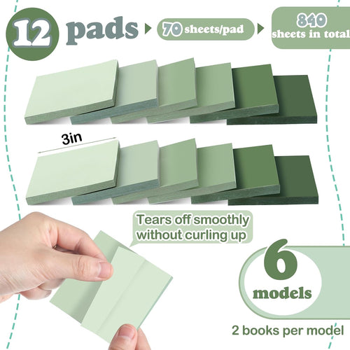 12 Pcs 24 Pcs Sage Green Sticky Notes 3 x 3 Inches, No Lined