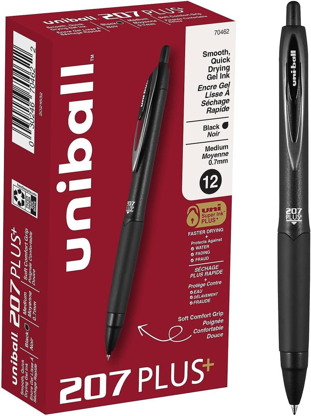 uniball™ 207 Plus+ Gel Pens, Black Ink, 0.7mm Medium Point, 12 Count