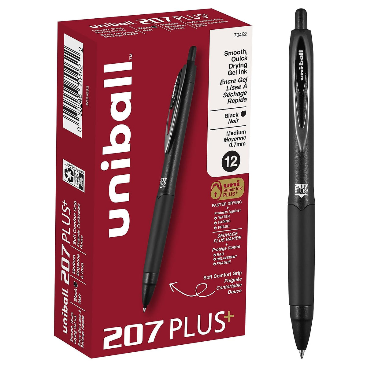 uniball™ 207 Plus+ Gel Pens, Black Ink, 0.7mm Medium Point, 12 Count