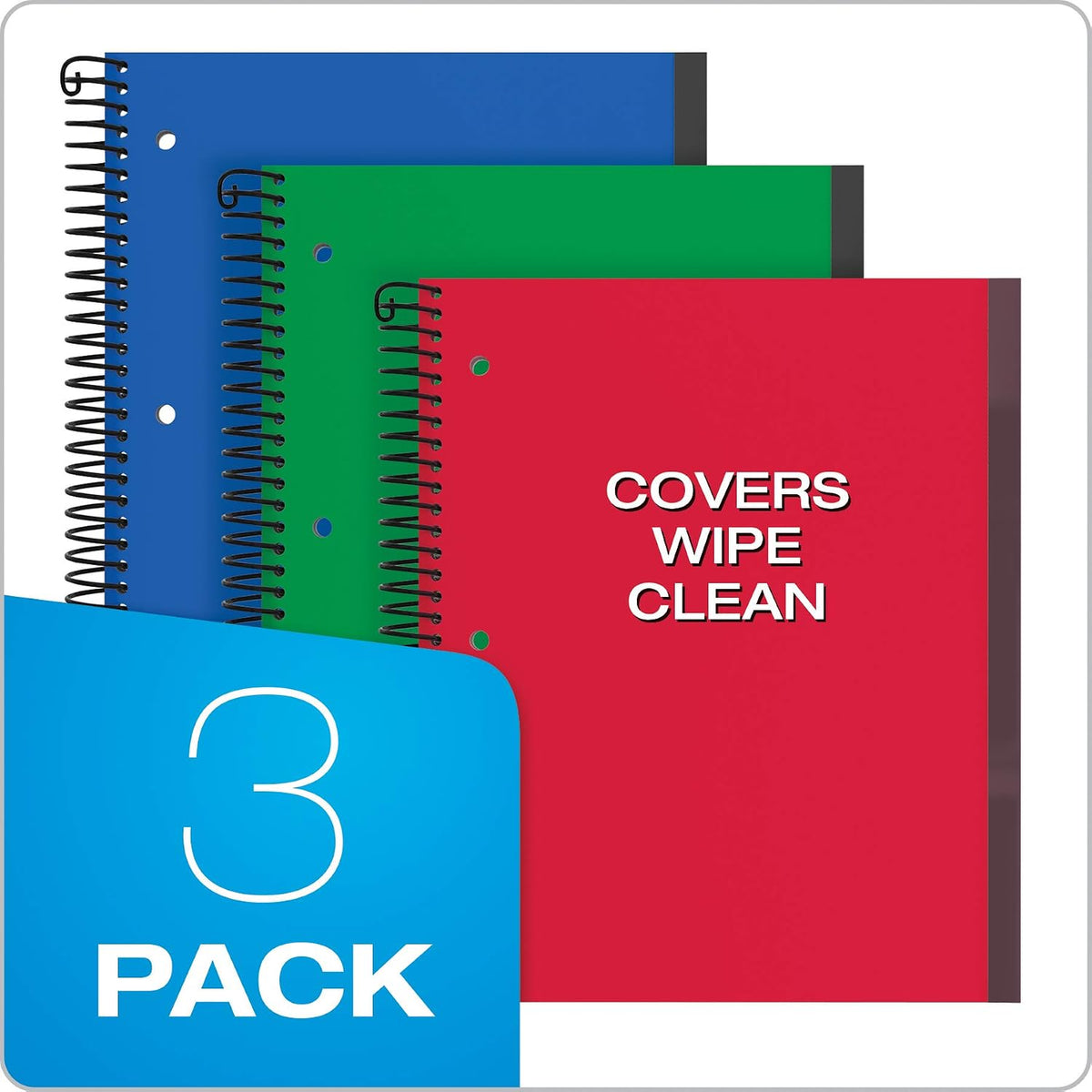 Oxford Spiral Notebook 3 Pack, 3 Subject, Wide Rule, Durable Plastic Covers, Strong Coil