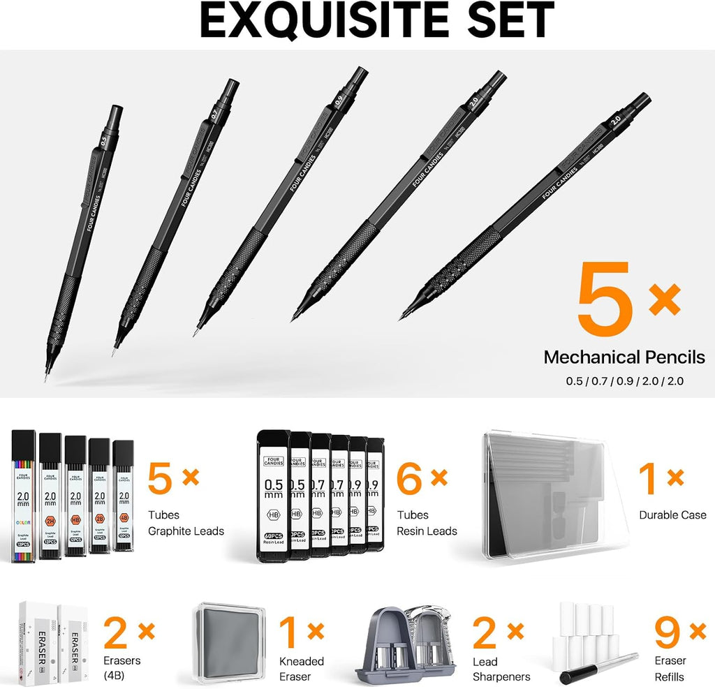 Four Candies Metal Mechanical Pencil Set, 3PCS Art Drafting Pencils 0.5, 0.7