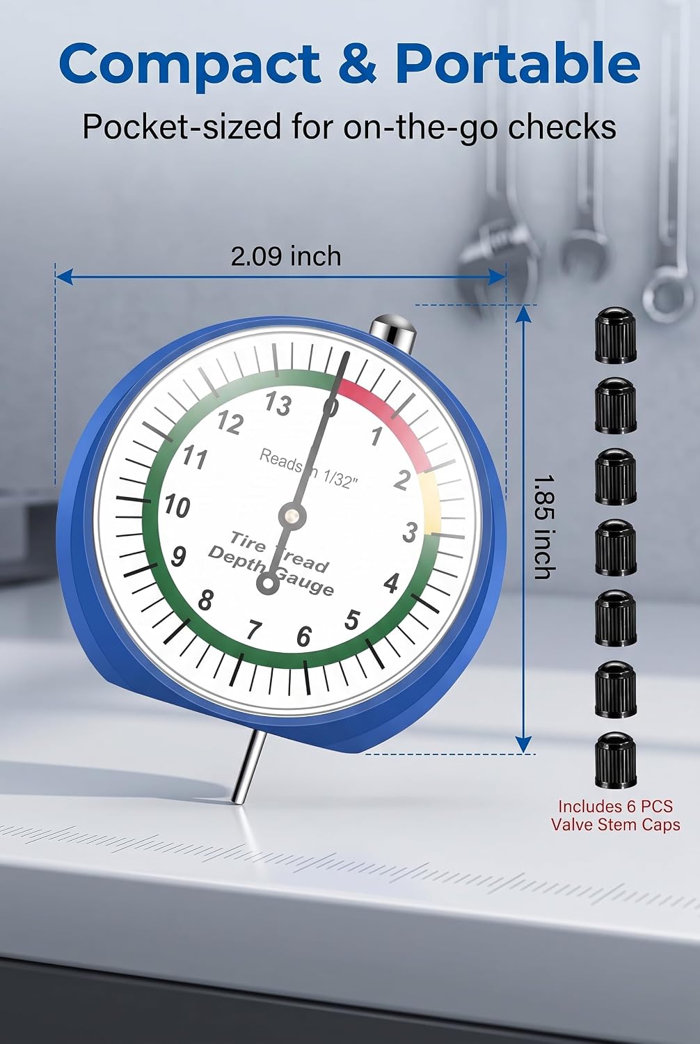 Tire Tread Depth Gauge, Dial Type Measurement Tool with 6 Air Nozzles