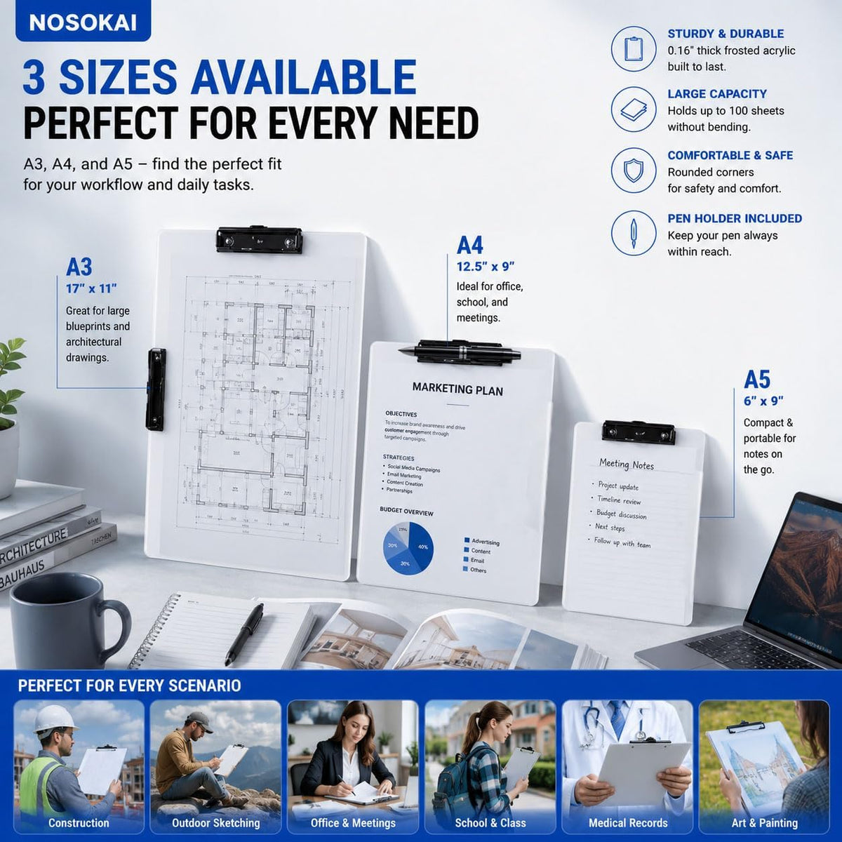 Clipboard with Pen Holder A3 Size 11" x 17", (White