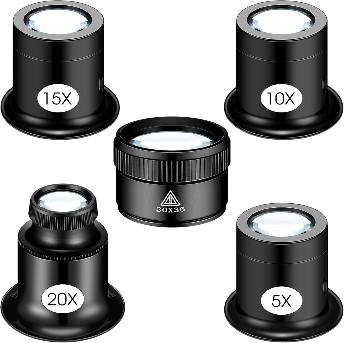 5 Pcs Jewelers Loupe Monocular Magnifier, 5X, 10x, 15x, 20x, 30×36mm Lens