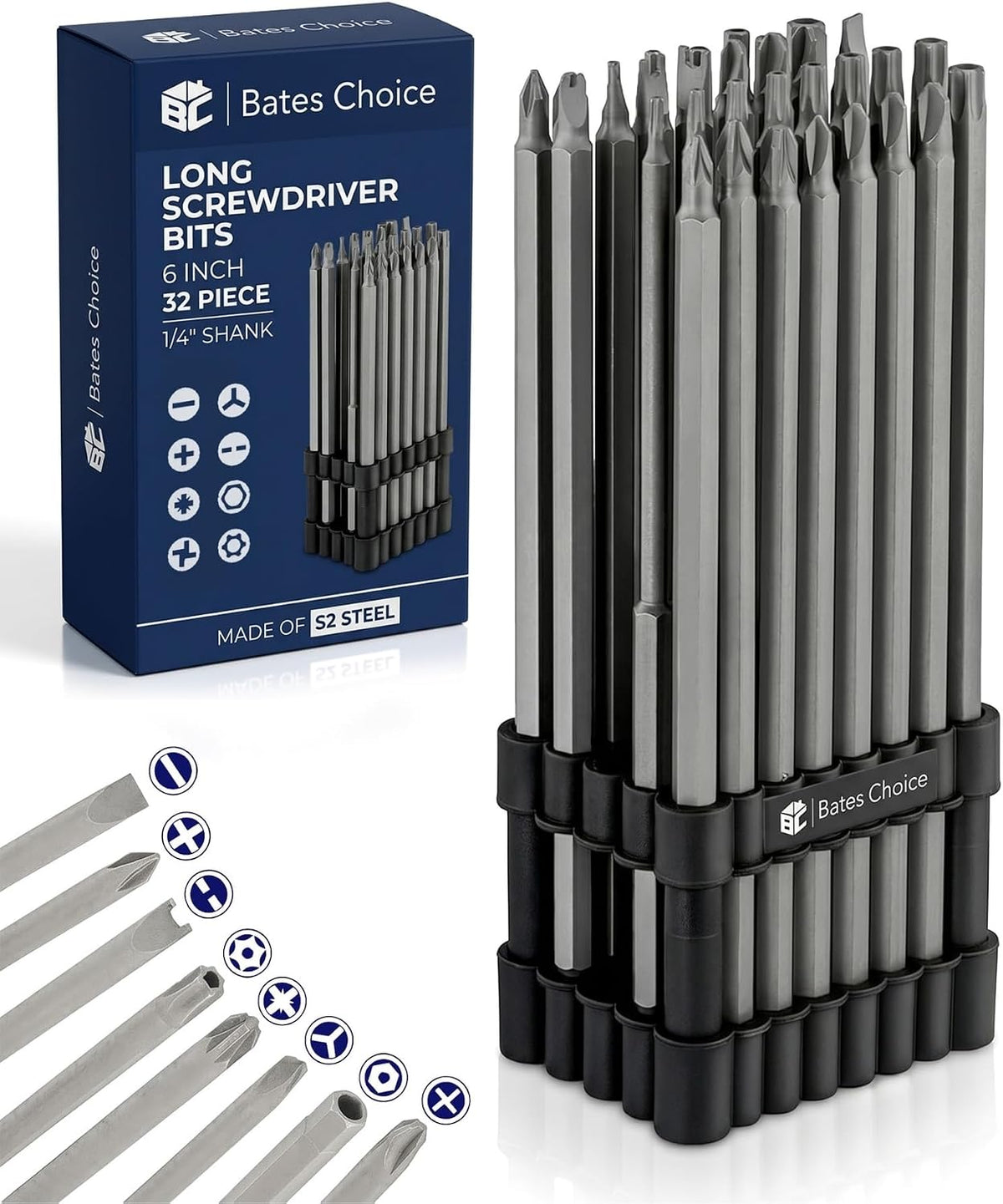 Bates- Long Screwdriver Bits, 6 Inch, 32 pcs, 1/4" Shank, S2 Steel