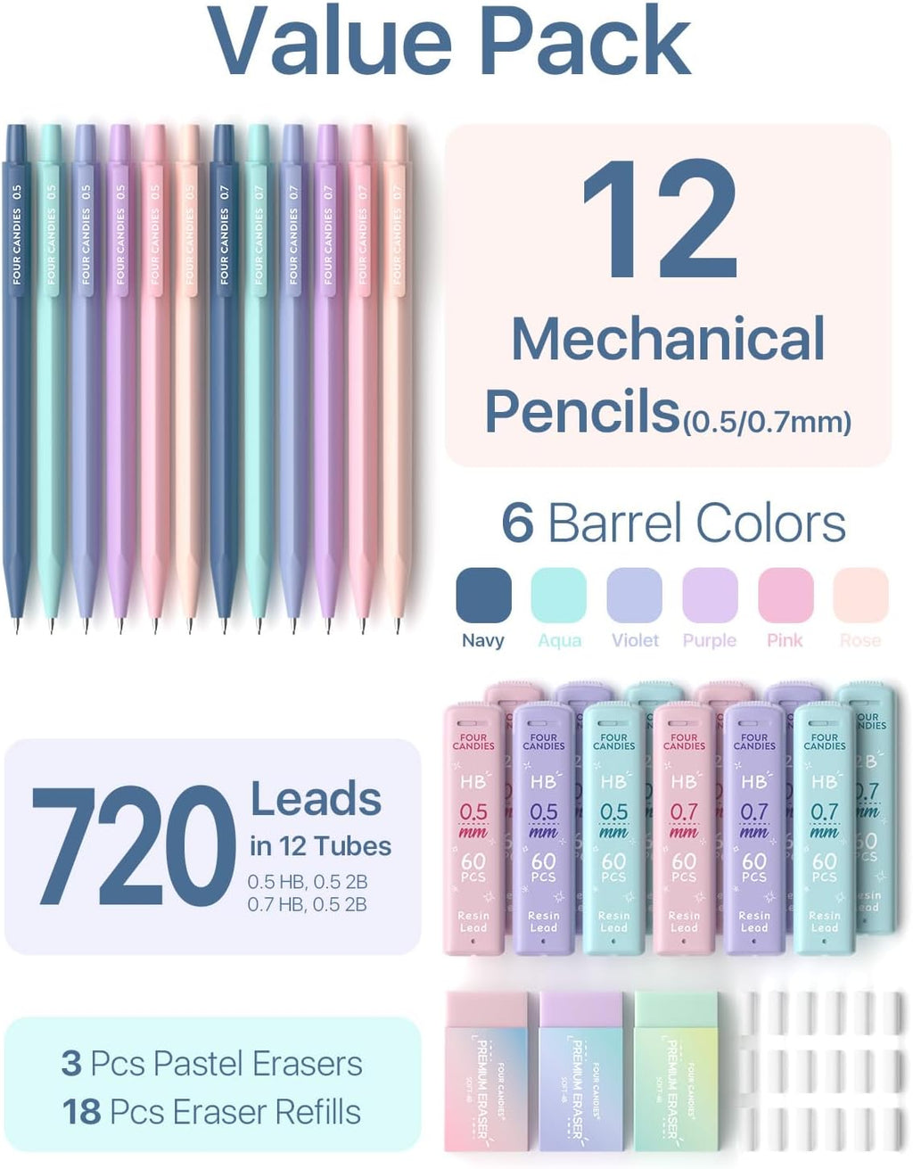 Four Candies Cute Mechanical Pencil Set, 0.5mm & 0.7mm Point, 12-Count Pack