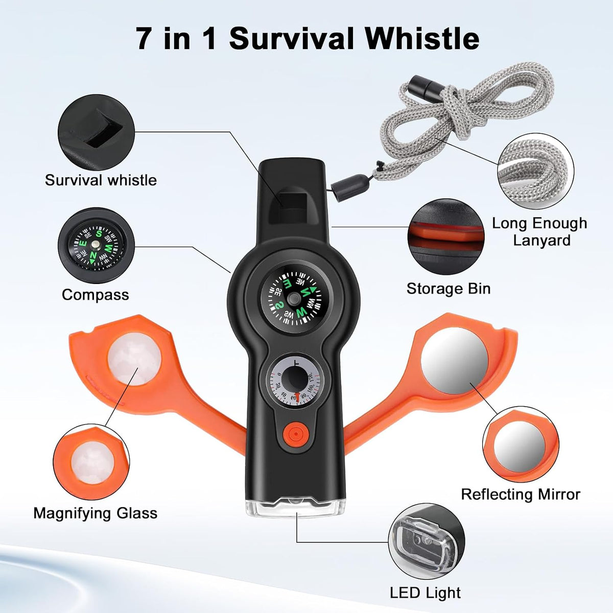 7-in-1 Emergency Survival Whistle with Lanyard, Safety Whistle with Compass