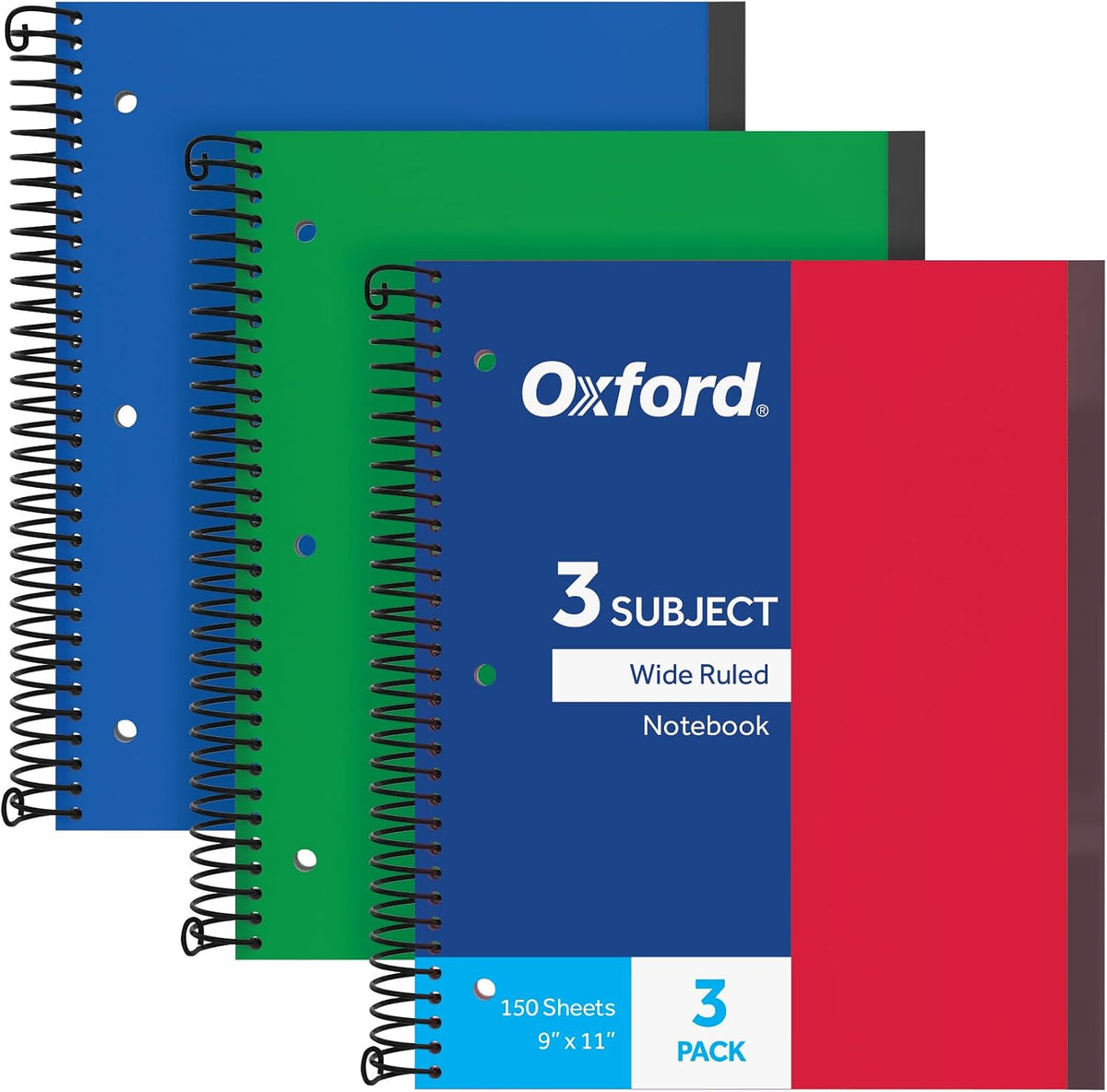 Oxford Spiral Notebook 3 Pack, 3 Subject, Wide Rule, Durable Plastic Covers, Strong Coil