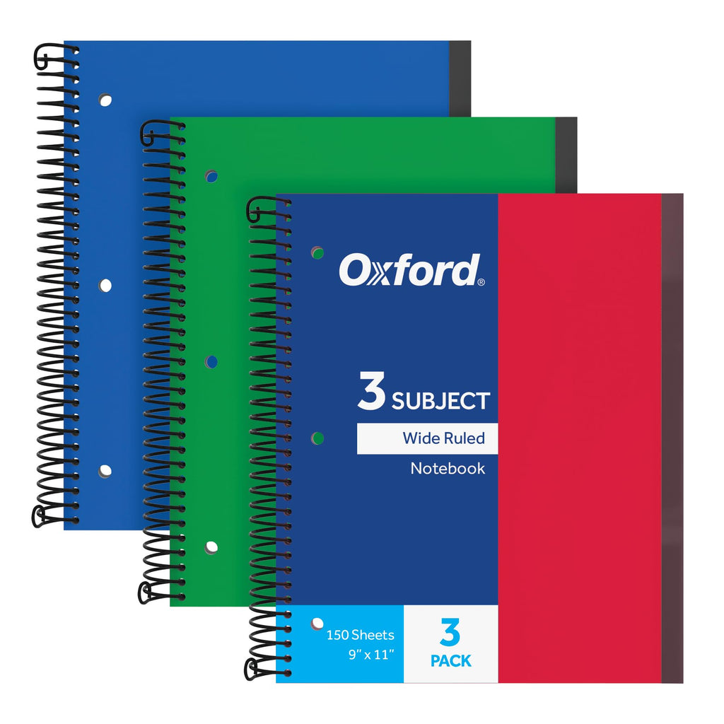 Oxford Spiral Notebook 3 Pack, 3 Subject, Wide Rule, Durable Plastic Covers, Strong Coil