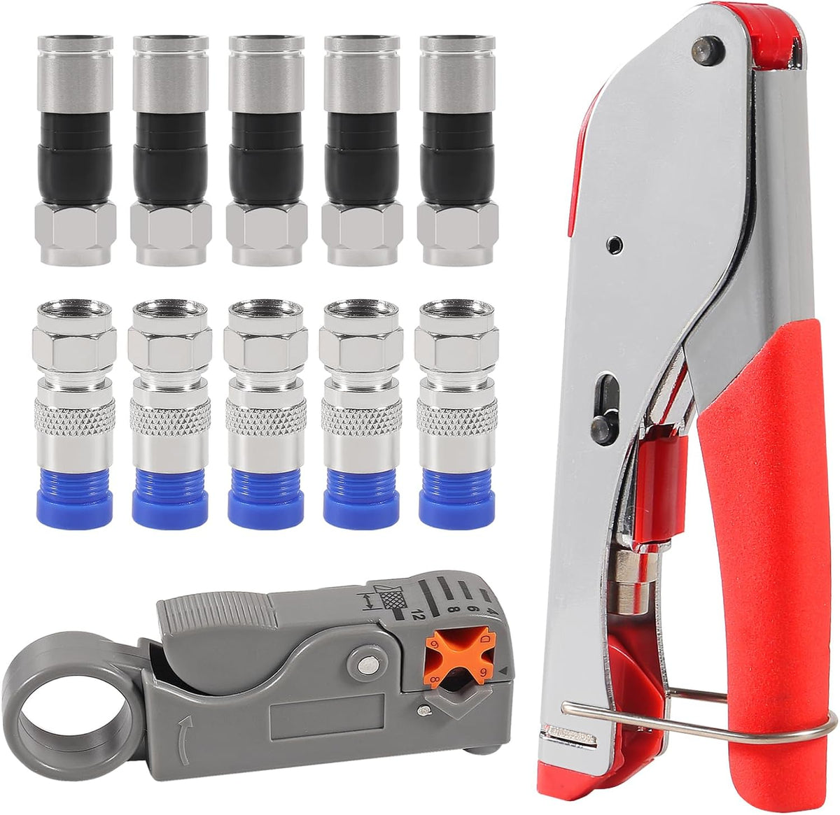 10Pcs F Type RG6 Compression Connectors Coaxial Cable Crimper Kit with Wire Stripper