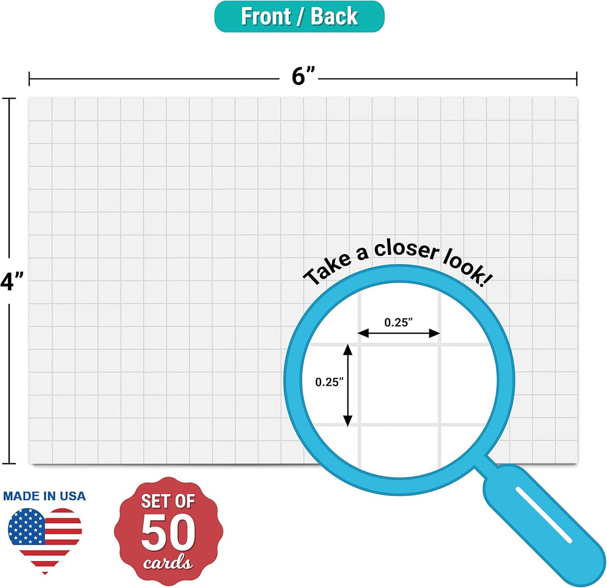 321Done Graph Index Cards, 4x6, Set of 50, 0.25" Grid Squares, White