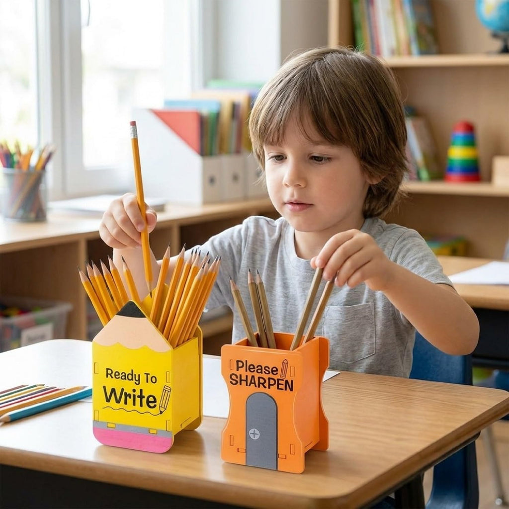 Sherr 2 Pcs Wood Pencil Holder Desk, Pencil and Sharpener, Yellow and Orange