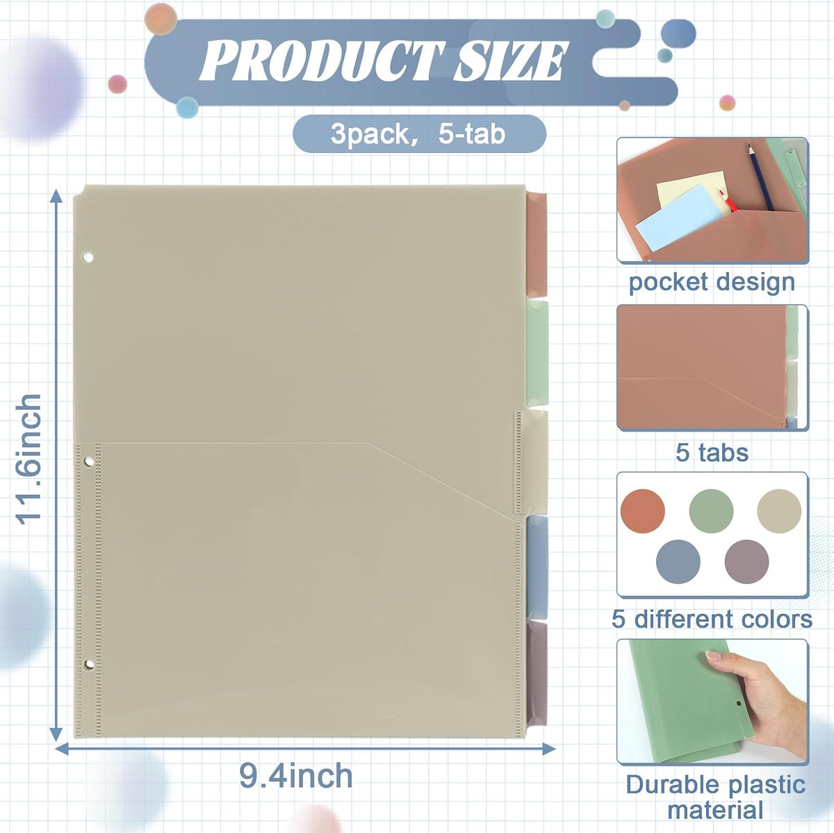3 Sets 5 Tab Binder Dividers with Pockets for 3 Ring Plastic Binders 8.5 x 11 Inches 3