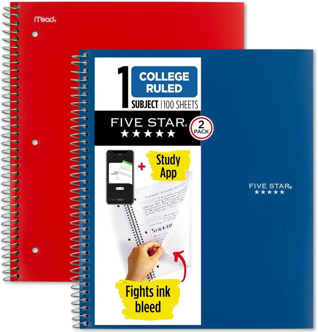 Five Star Spiral Notebook + Study App, 2 Pack, 1 Subject, College Ruled Paper, 100 Sheets