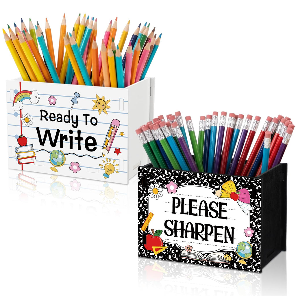 Sherr 2 Pcs Wood Pencil Holder Desk, Pencil and Sharpener, Yellow and Orange