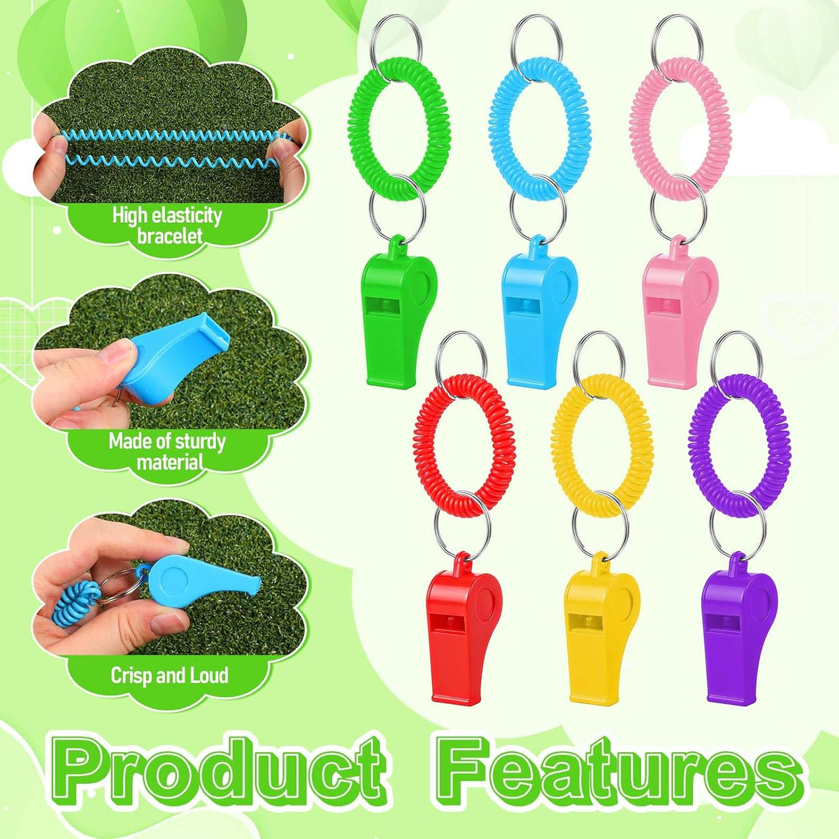 72 Pcs Sport Whistle with Bracelet, 6 Colors Loud Clear Plastic Whistles with Stretchable