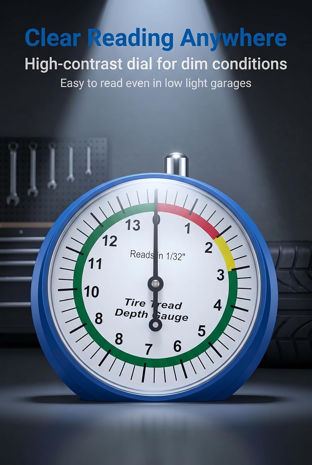 Tire Tread Depth Gauge, Dial Type Measurement Tool with 6 Air Nozzles
