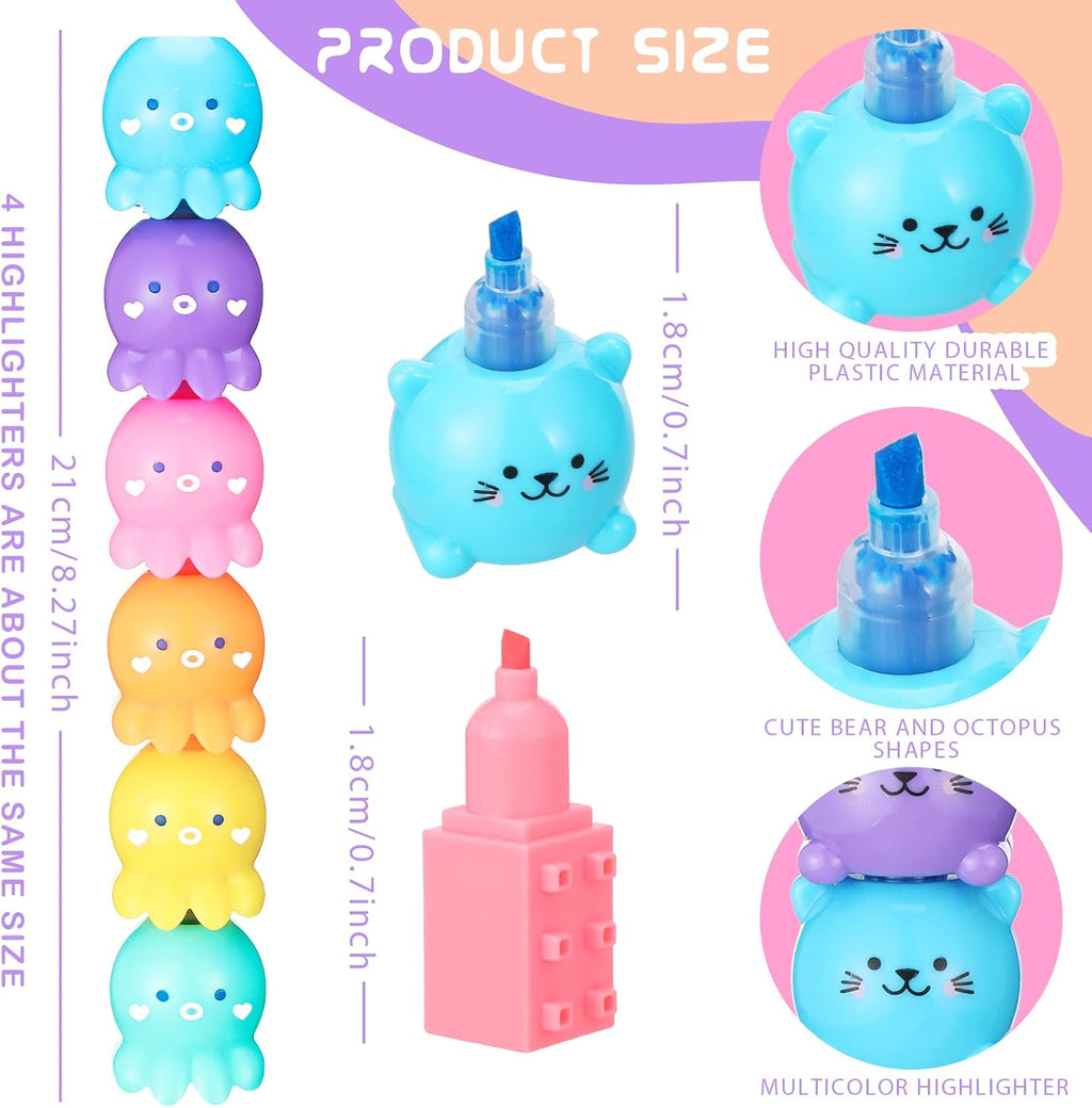 Teling 20 Pcs Cute Mini Highlighter Pens, Octopus, Blocks, Cat, Flower