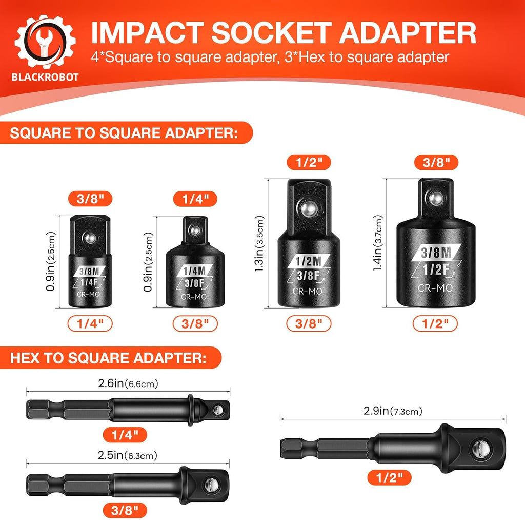BLACKROBOT 7PCS Impact Socket Adapter Set, 1/4" 3/8" 1/2" SAE Drill Socket Adapter Set