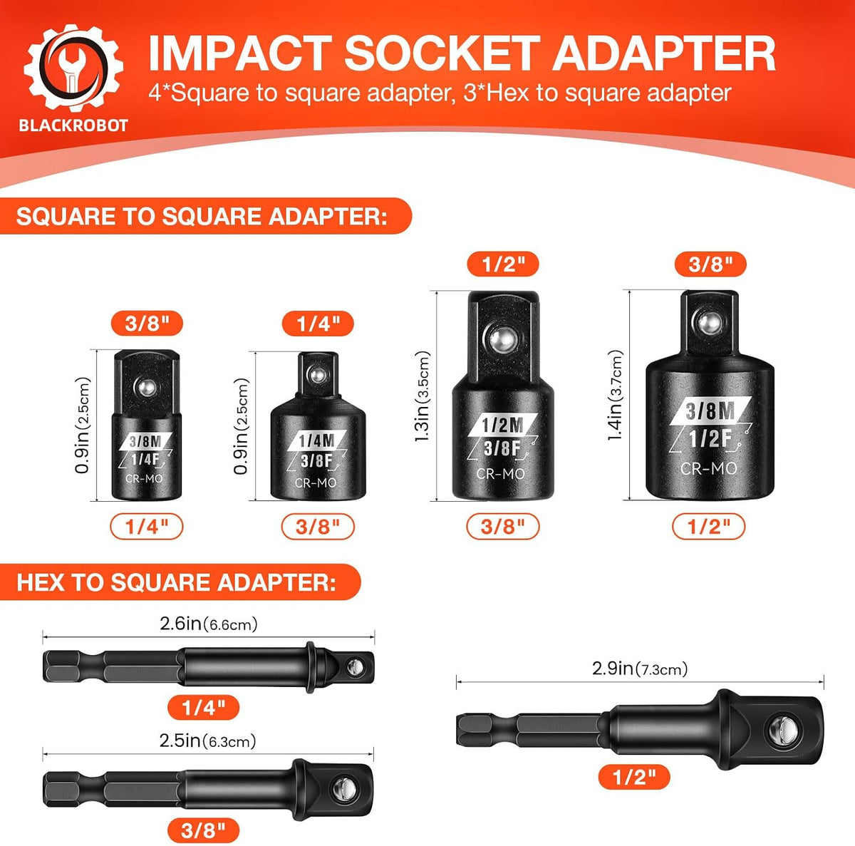 BLACKROBOT 7PCS Impact Socket Adapter Set, 1/4" 3/8" 1/2" SAE Drill Socket Adapter Set