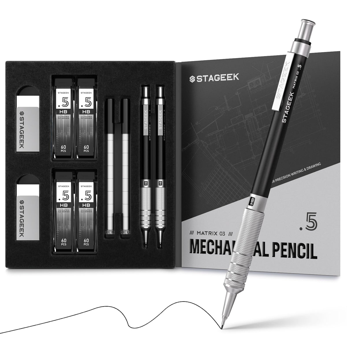 STAGEEK 0.5mm & 0.7mm Mechanical Pencil Set, 2 Erasers and 240 HB Refills