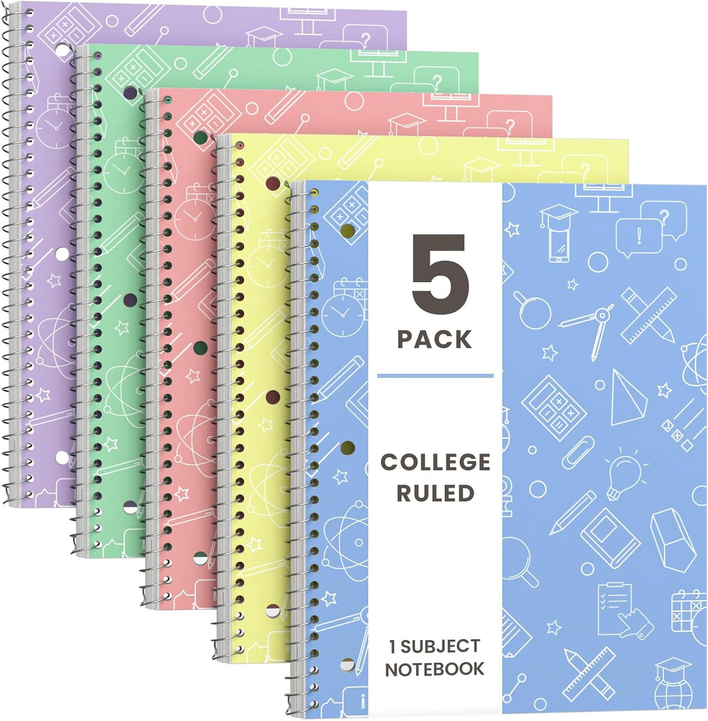 Oucaru 1 Subject Spiral Notebook College Ruled 5 Pack, 140 Pages