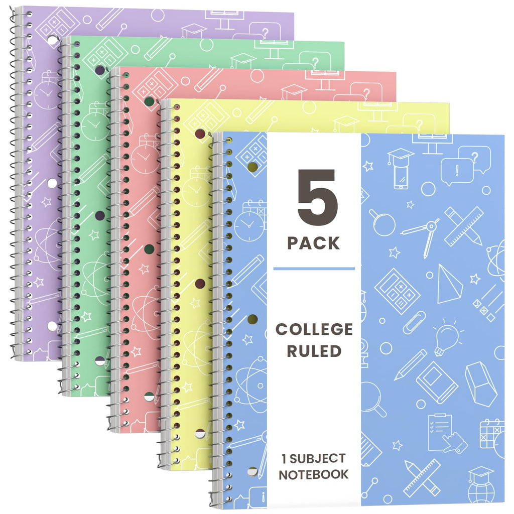 Oucaru 1 Subject Spiral Notebook College Ruled 5 Pack, 140 Pages