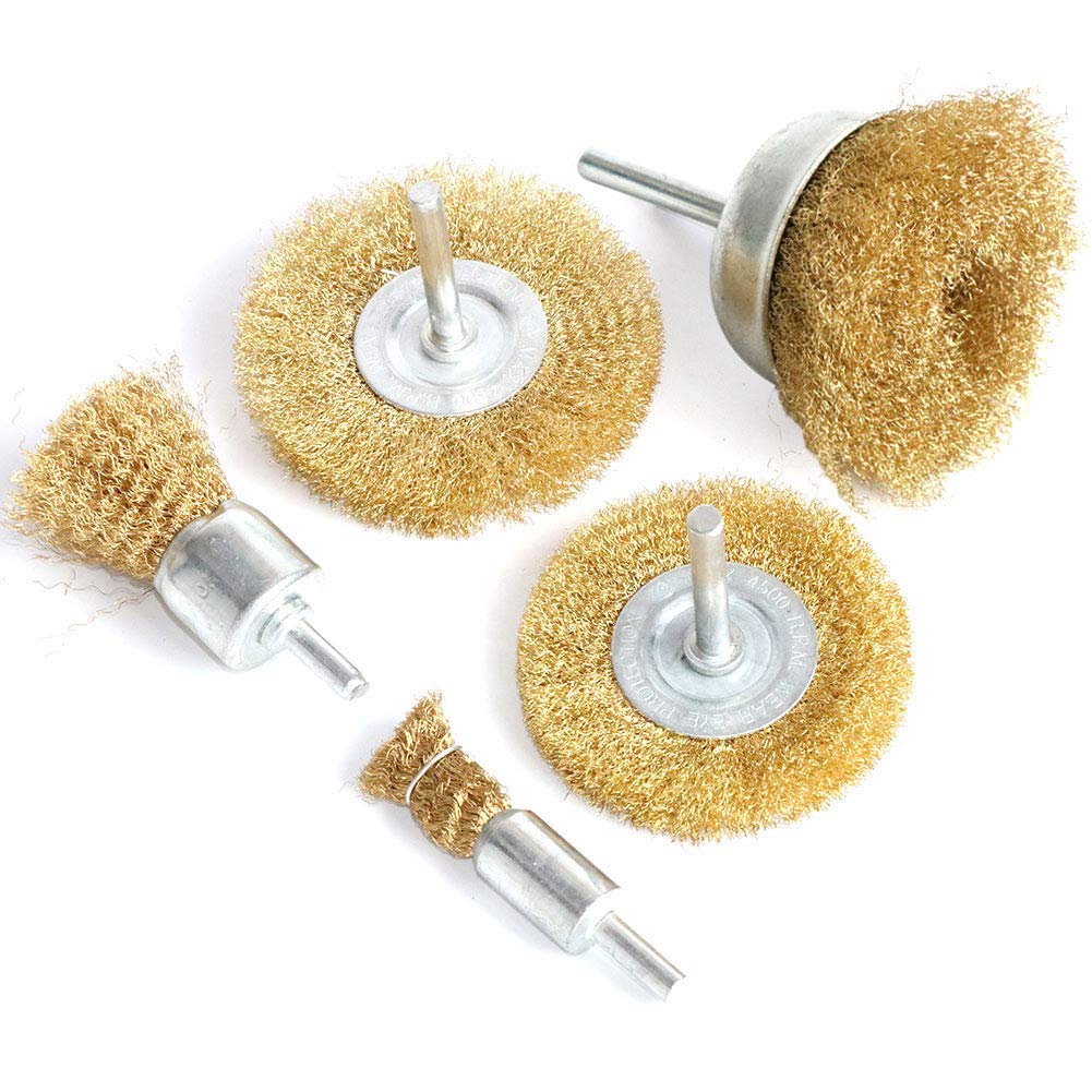 FPPO 5pcs Brass Wire Wheel Brush Kit for Drill,Crimped Cup Brush with 1/4-Inch Shank