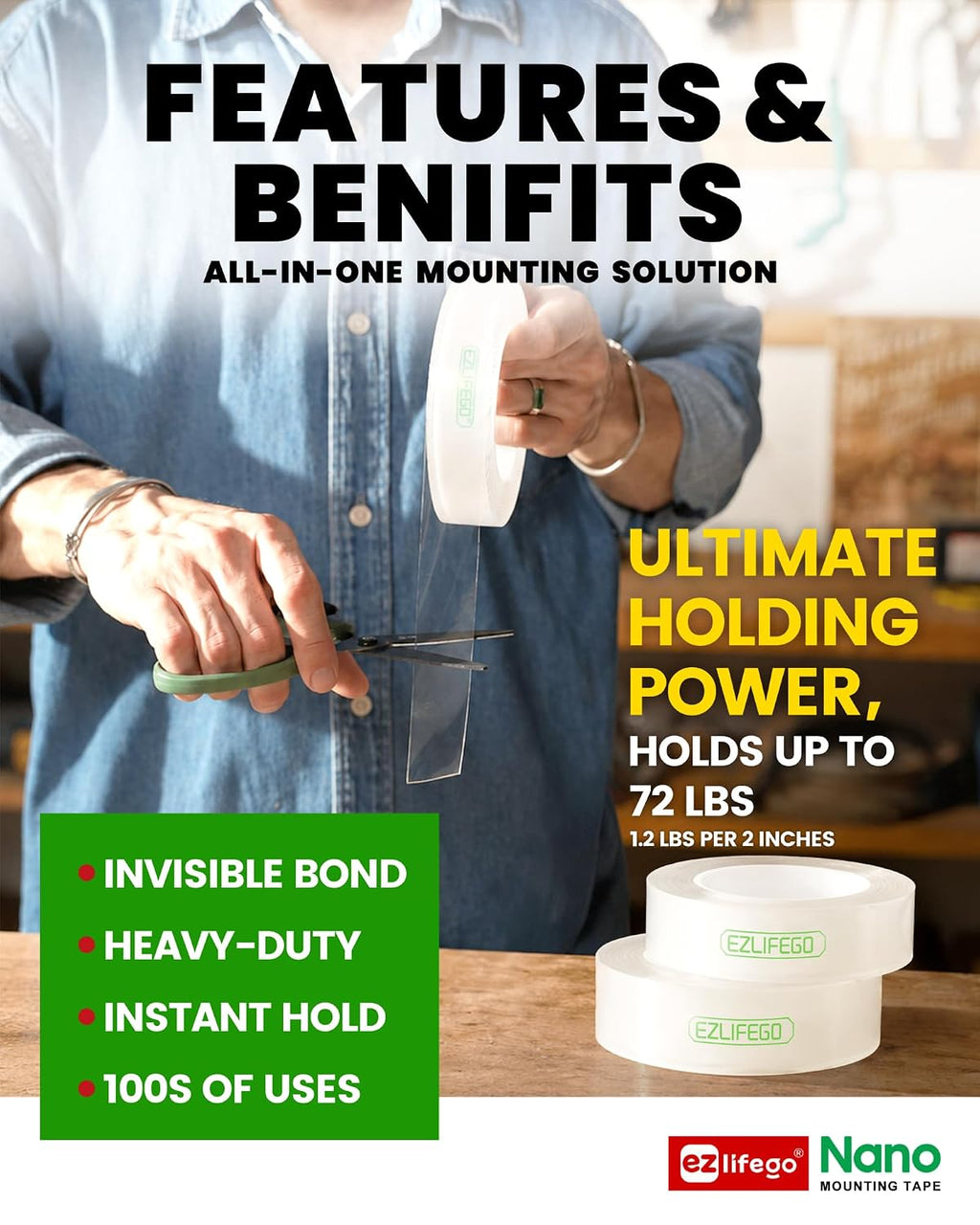 EZlifego Heavy Duty Invisible Bond Nano Double Sided Mounting Tape, 16.5FT