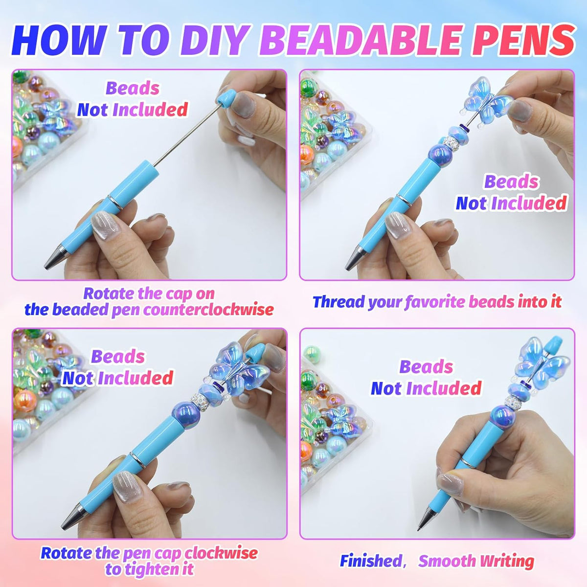 150 Pieces DIY Beadable Pen Kit – 50 Plastic Ballpoint Pens with Refills & Bags