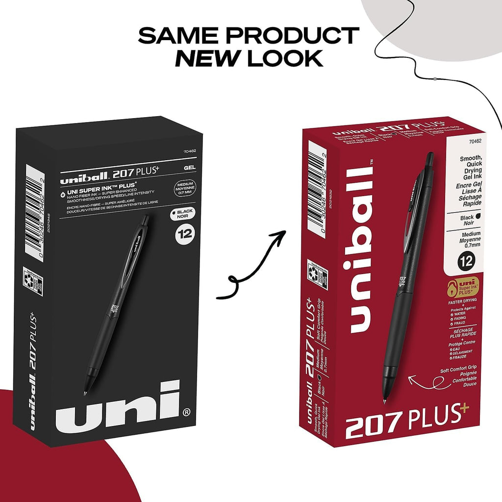 uniball™ 207 Plus+ Gel Pens, Black Ink, 0.7mm Medium Point, 12 Count