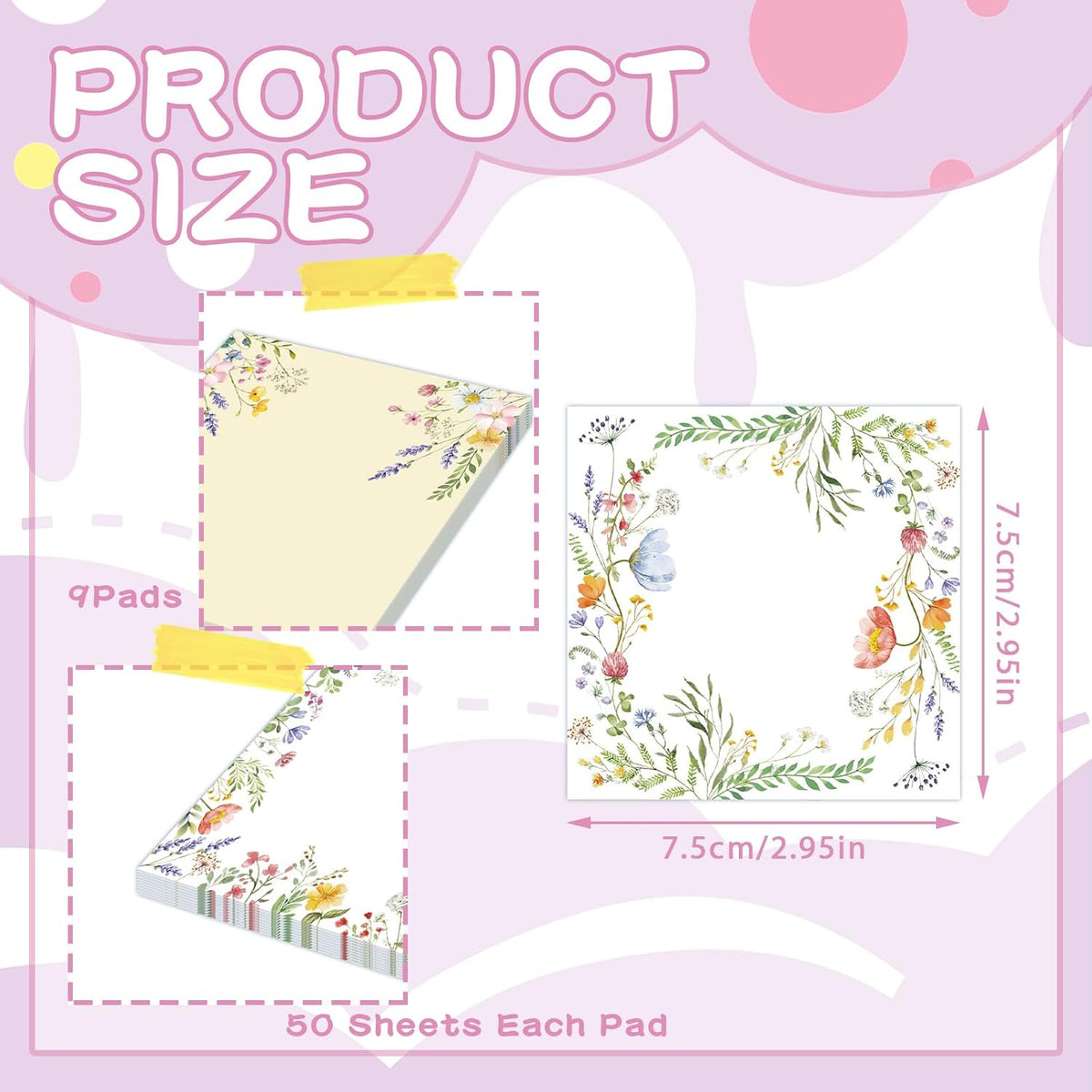 9 Pcs Wildflower Notepads 3" x 3" Self-Adhesive Wildflower Note Pads Memo for Journal
