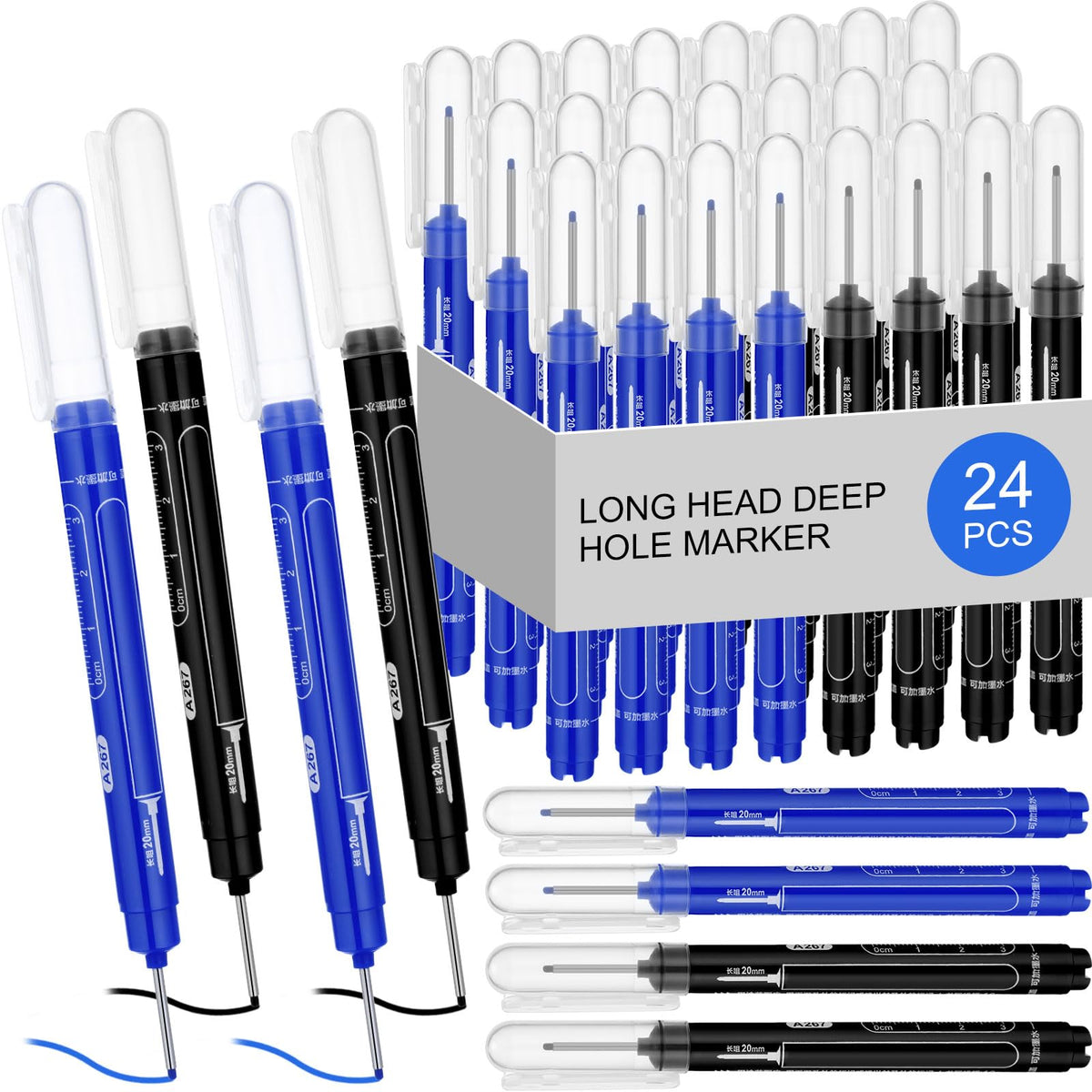 MotiMind 24 Pcs Long Nib Marker Bulk Deep Hole Marker, Black