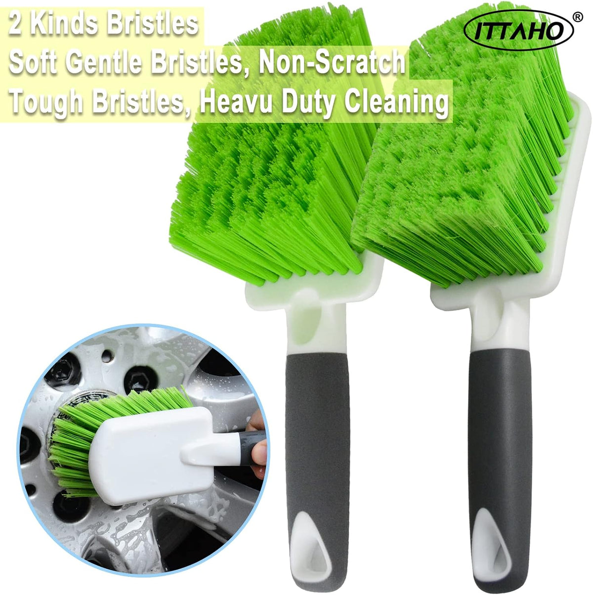 2 Pack Car Wash Brush, Tire Brush for Cleaning Tires, Soft & Stiff Bristle Wheel Cleaner