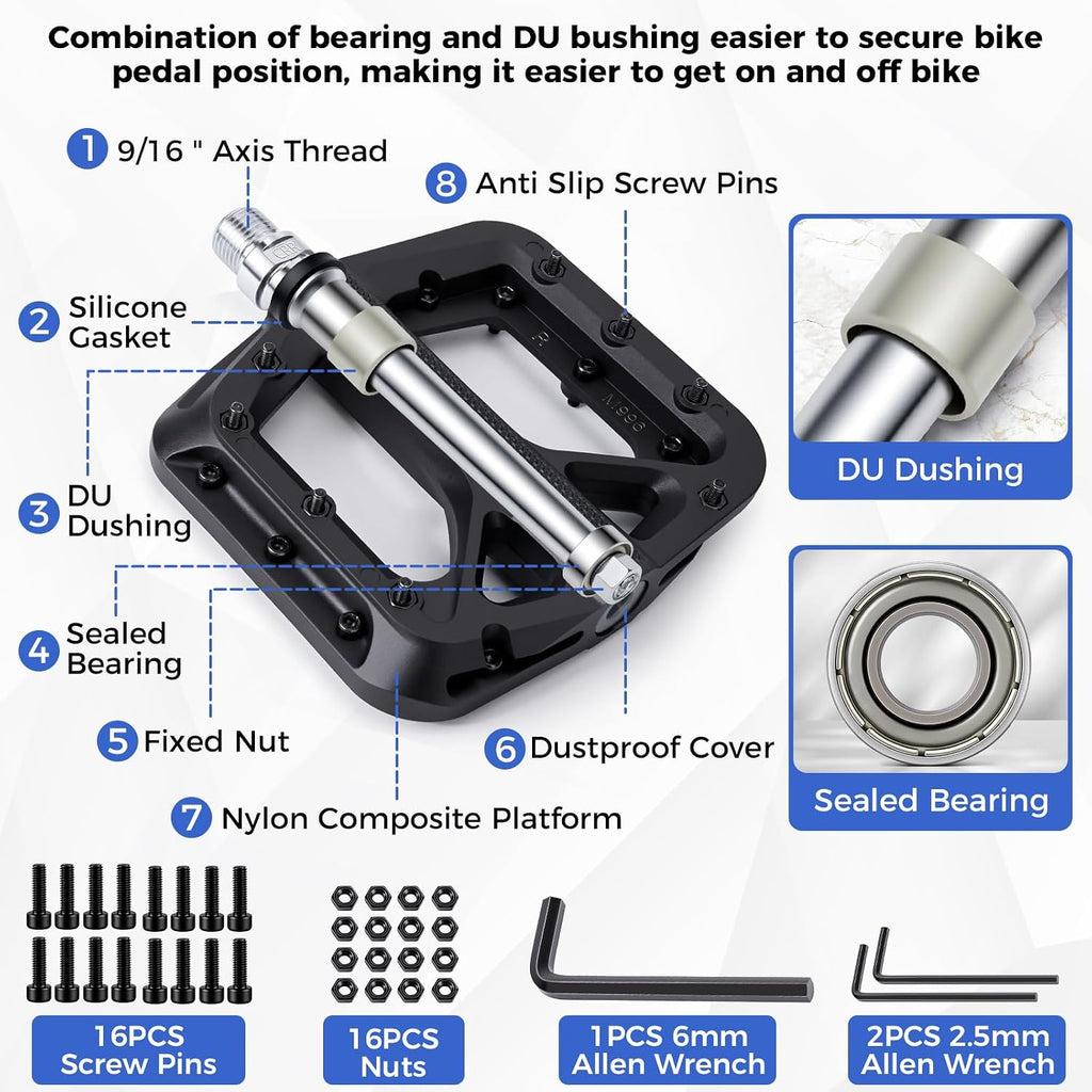 NUWAB Anti-Slip Bike Pedals, Lightweight and Wide Platform Flat Pedals