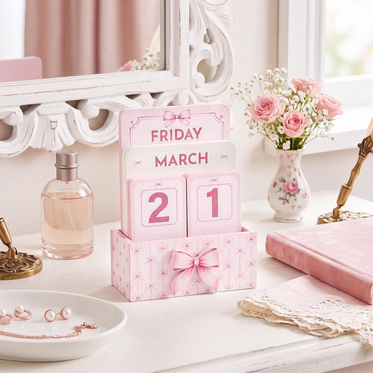 Novabright Bow Wood Block Perpetual Calendar,Desk Decor, Pink