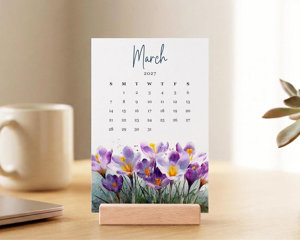 2027 Monthly Office Desk Calendar - Wildflowers - Watercolor Style - Wood Stand - Annual