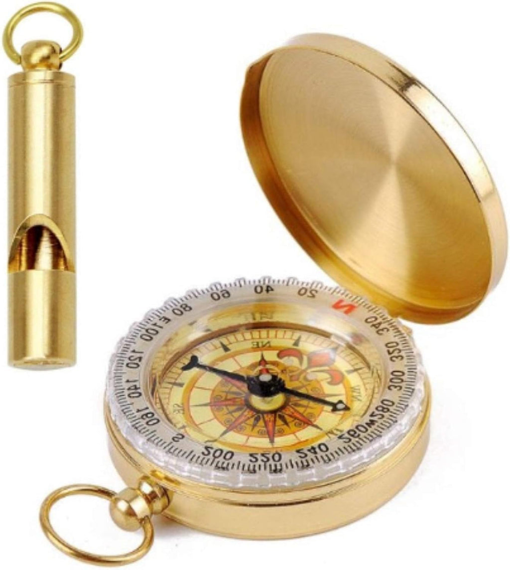 Brass Compass with Solid Brass Whistle - Survival Set - 105 Decibels - Carry in Pocket or