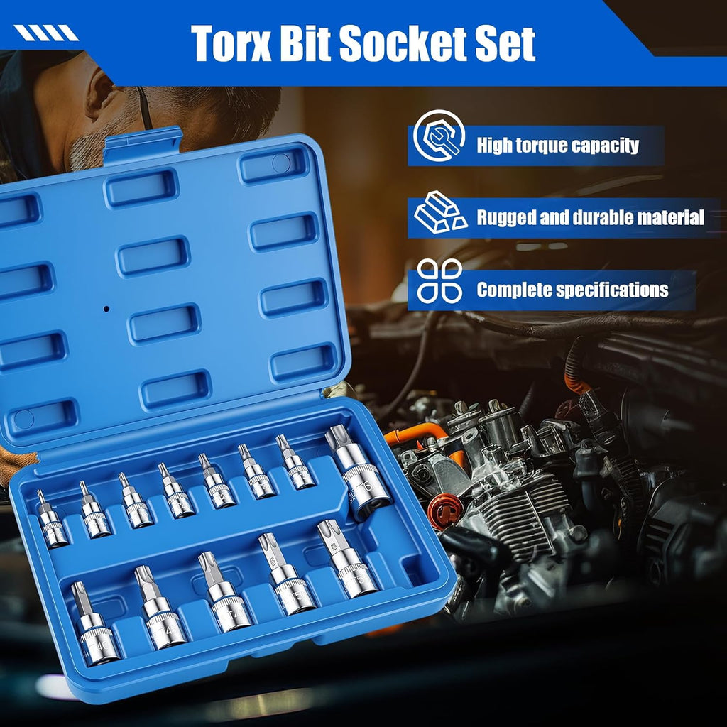 13-Piece Torx Bit Socket Set, T8-T60 Star Bit Sockets