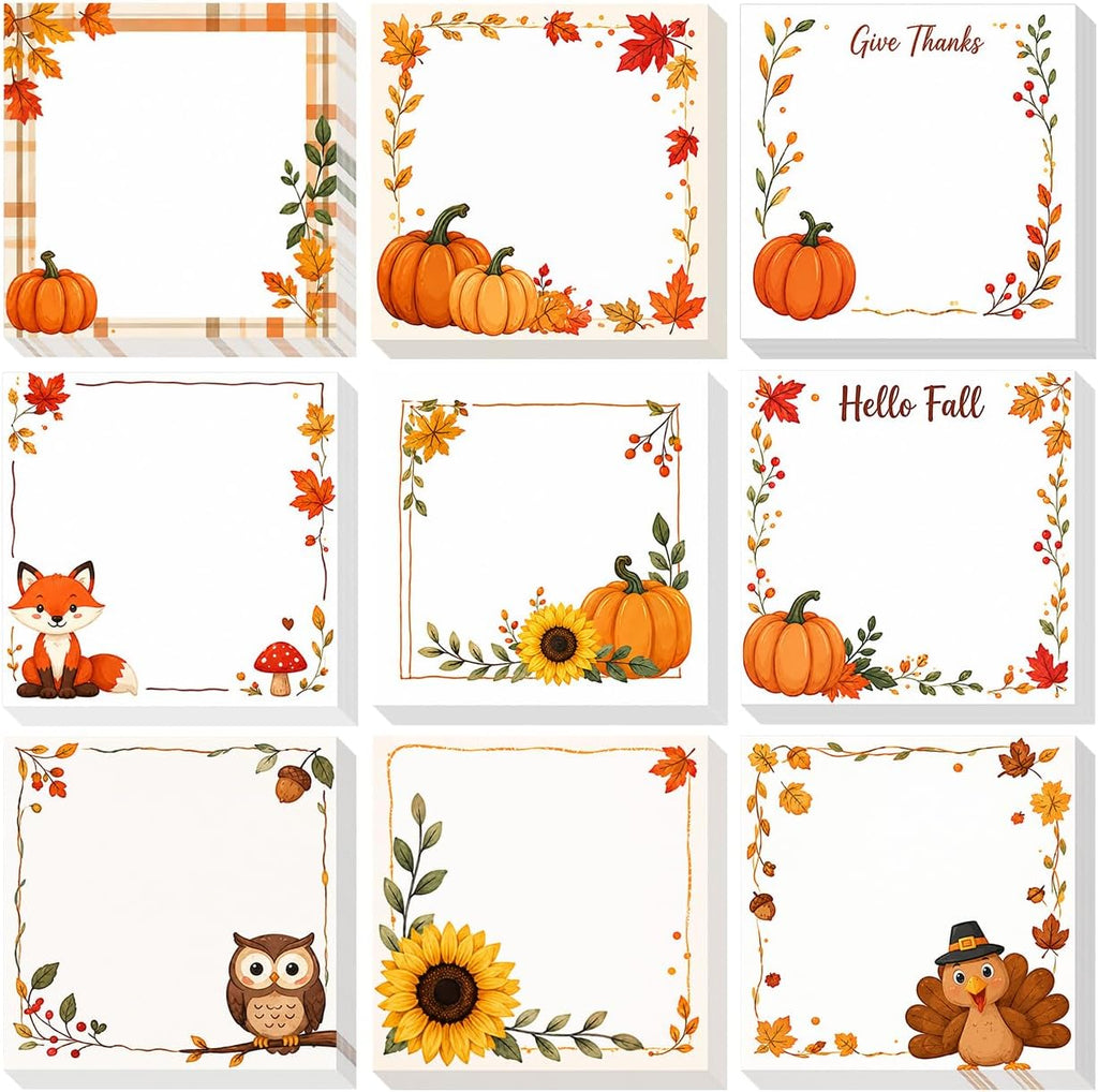 9 Pieces Fall Sticky Notes Self-Adhesive Pumpkin Maple Leaf Sunflower Turkey Memo Pads
