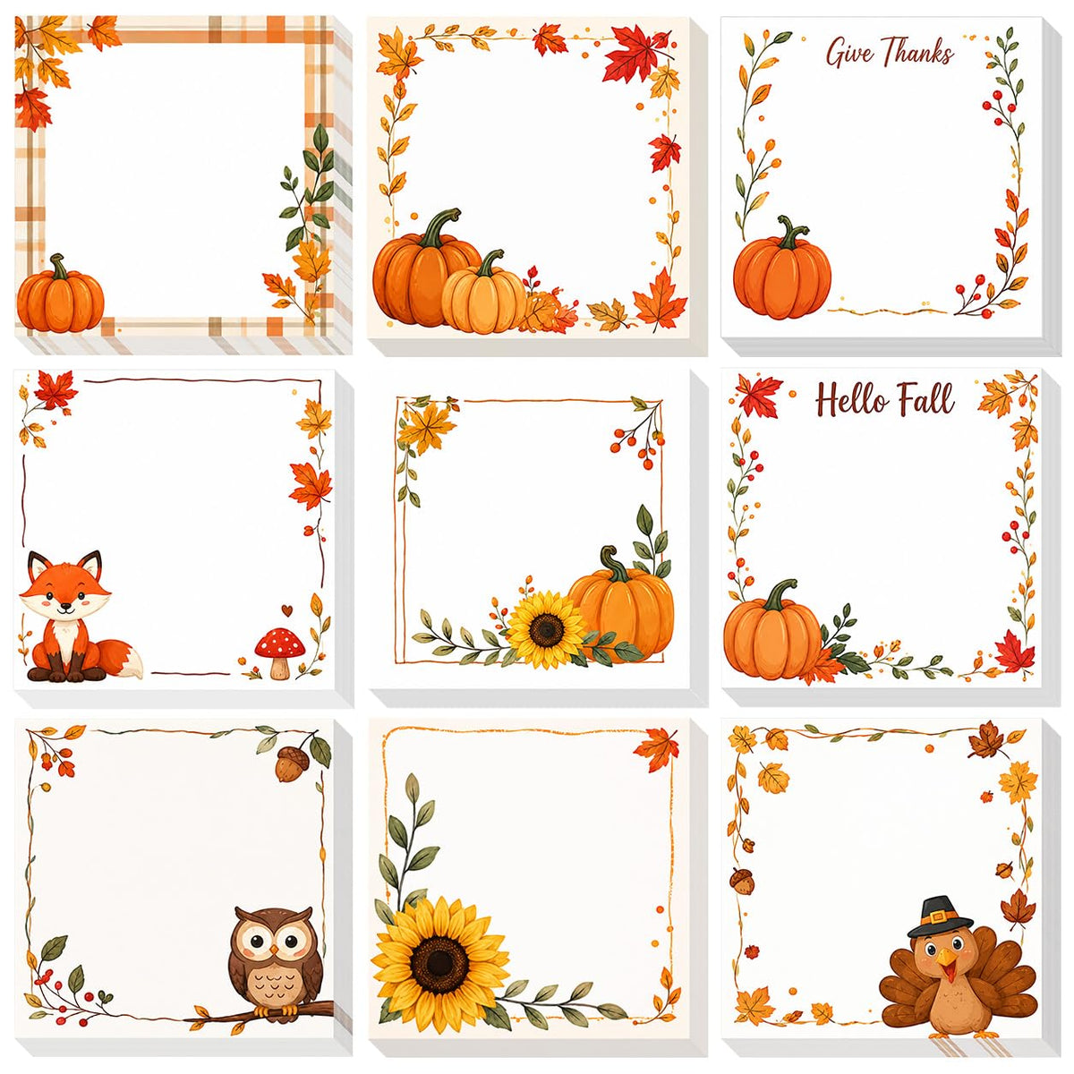 9 Pieces Fall Sticky Notes Self-Adhesive Pumpkin Maple Leaf Sunflower Turkey Memo Pads