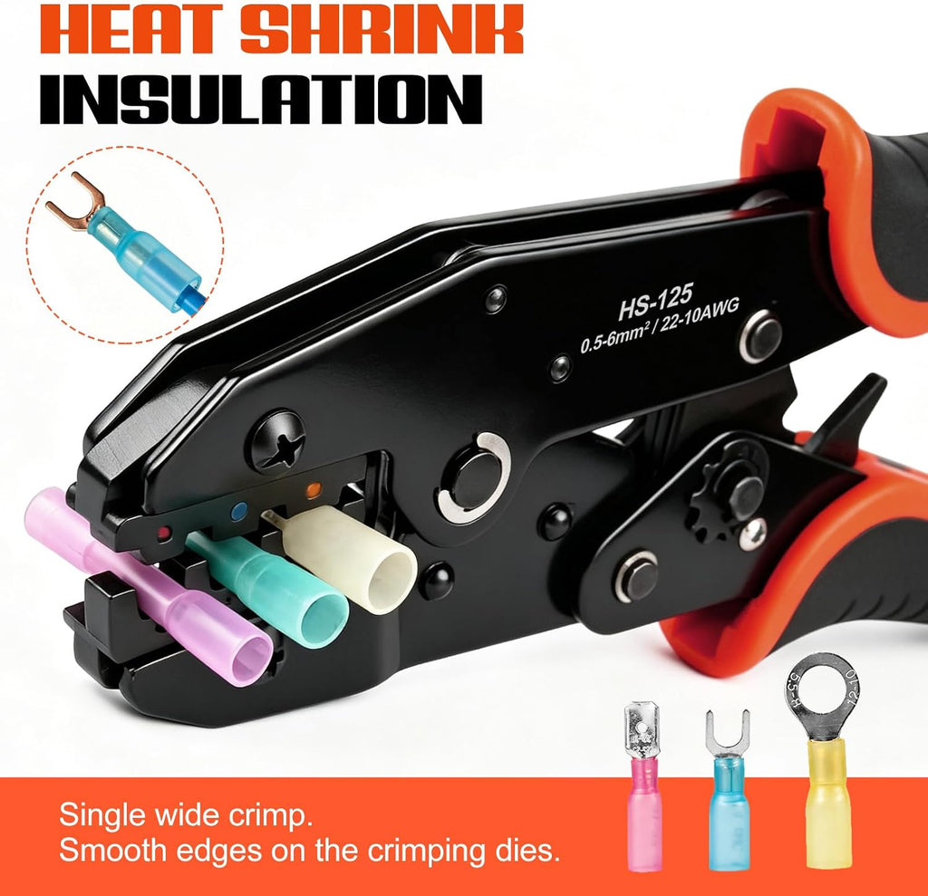 Kinice Heat Shrink Connector Crimper, Ratchet Wire Crimp Tool, AWG 22-10