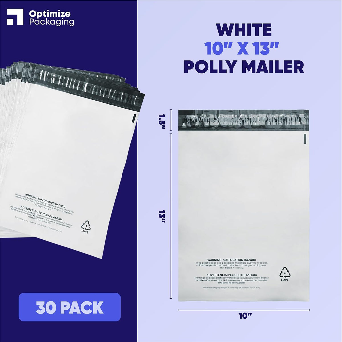 10x13 Heavy-Duty Poly Mailers – 30-Pack, White 3 Mil Thick Shipping Bags – Waterproof