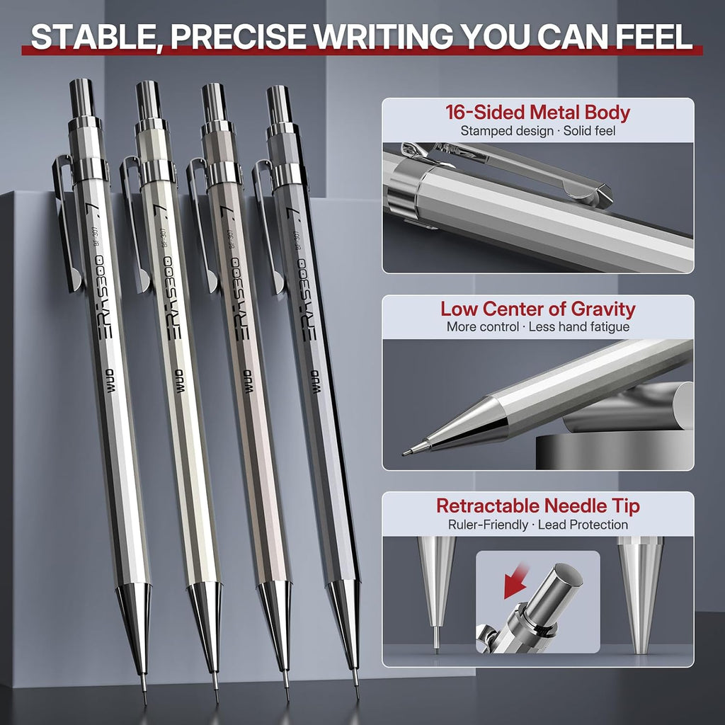 WUO 0.7mm Metal Mechanical Pencil Set, 4-Pack with Eraser Pen and Case