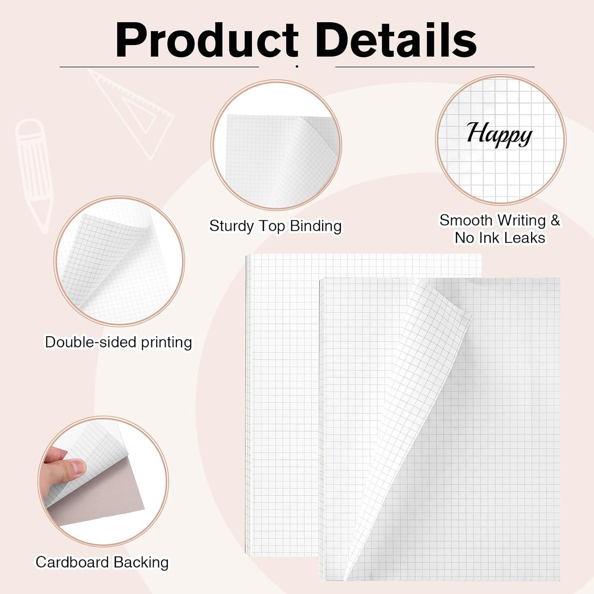 100 Sheet Graph Paper Pad, 8.3" x 11.5" Grid Notepad, 5 x 5 Grid