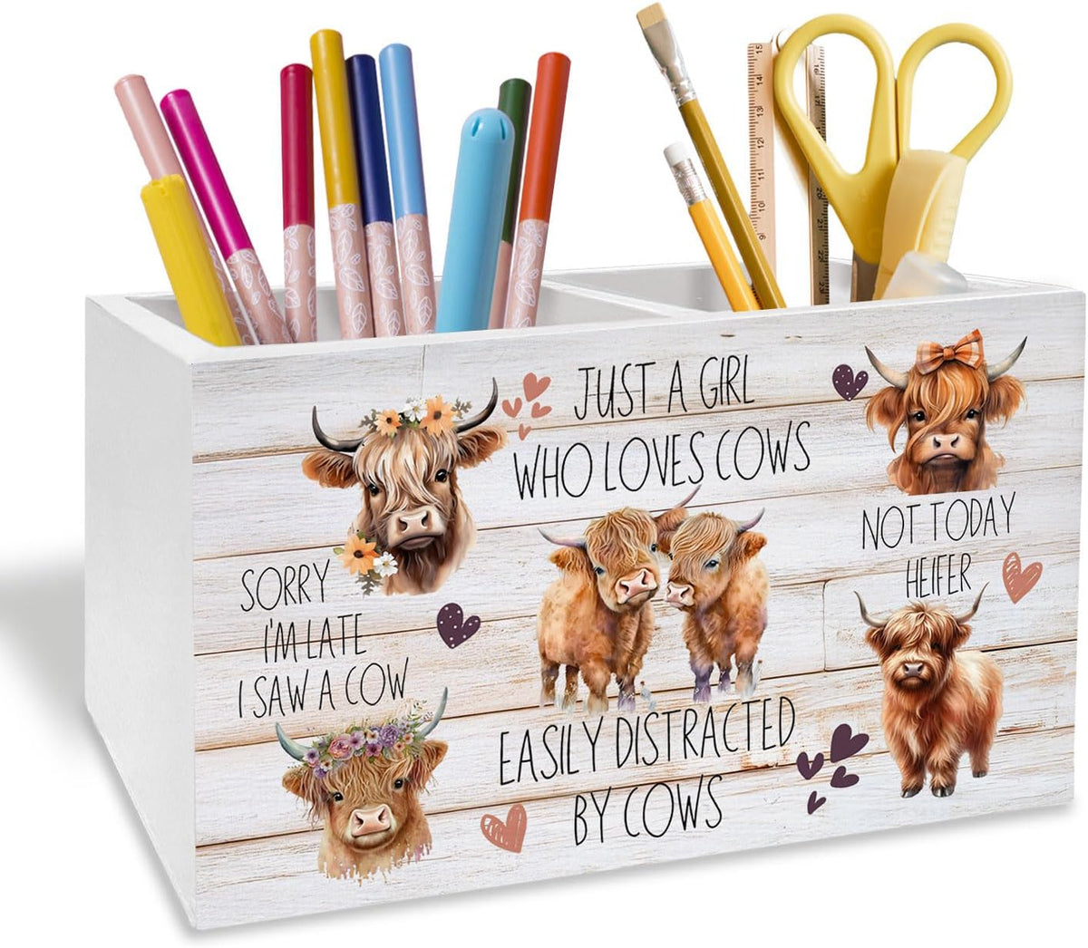 Highland Cow Pen Holder for Desk, Funny Easily Distracted by Cows Pencil Organizer