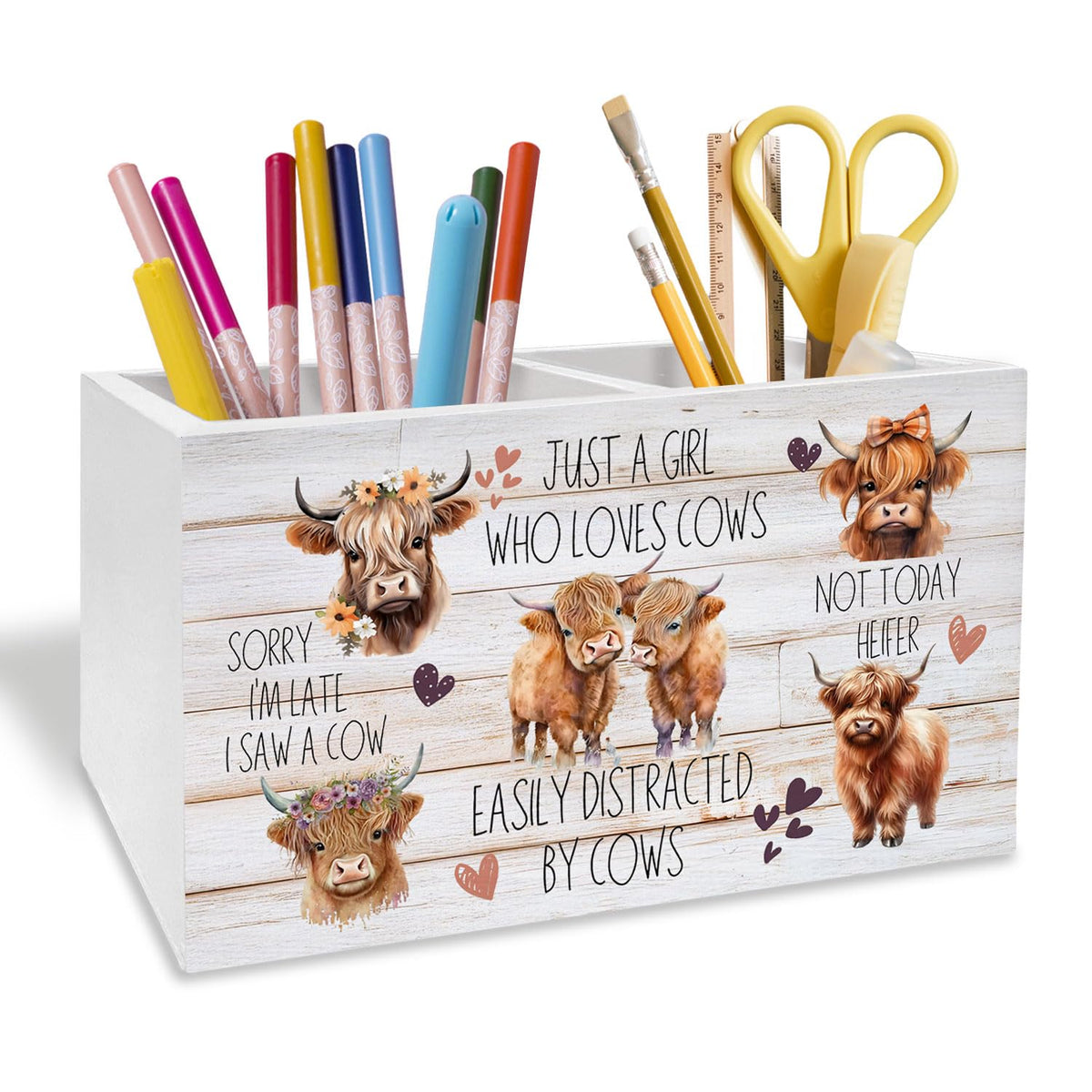Highland Cow Pen Holder for Desk, Funny Easily Distracted by Cows Pencil Organizer